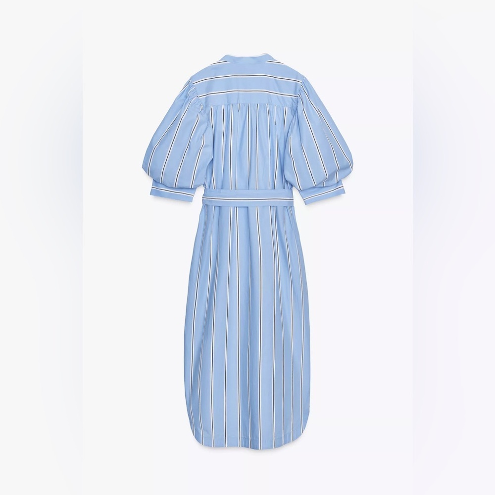 Zara ZW Blue Striped Belted Shirt Dress Puff Sleeves 100% Cotton Buttons NWT XS - Picture 8 of 15
